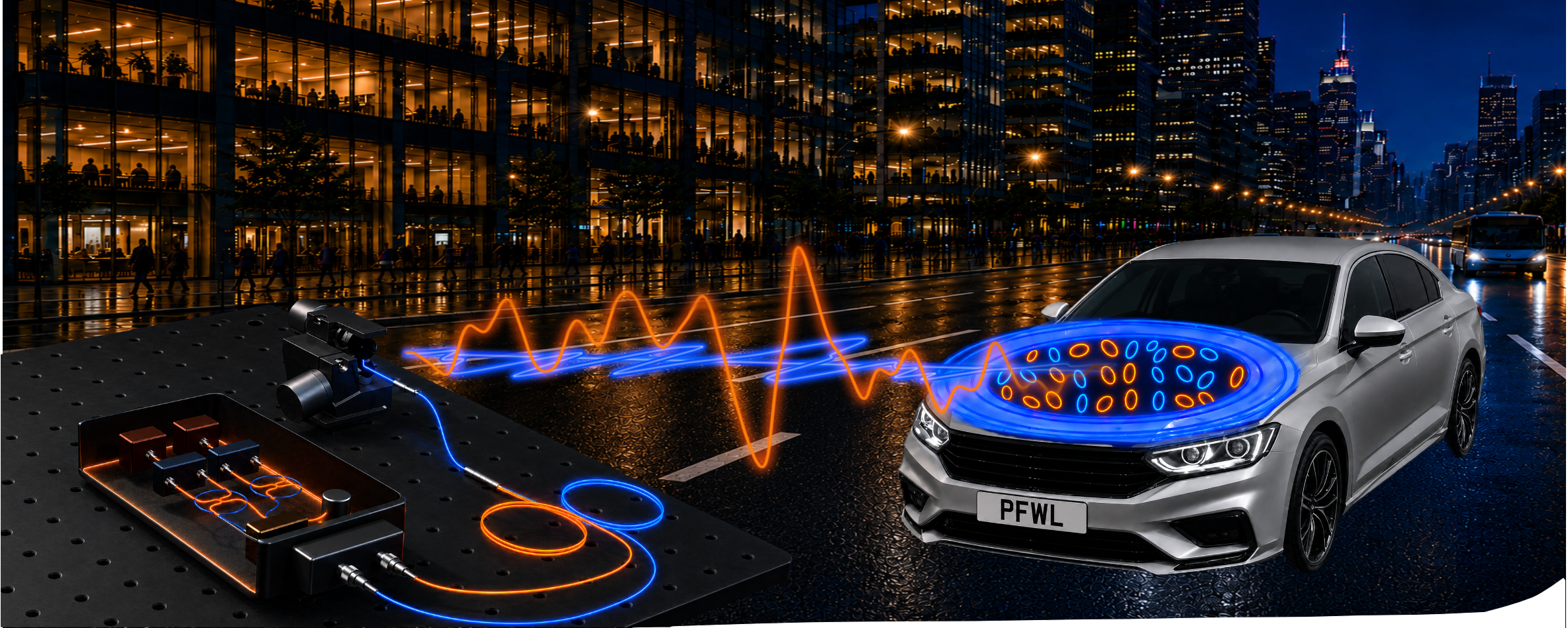 Polarimetric full-wavefield coherent lidar system illuminating a car in a night city scene.